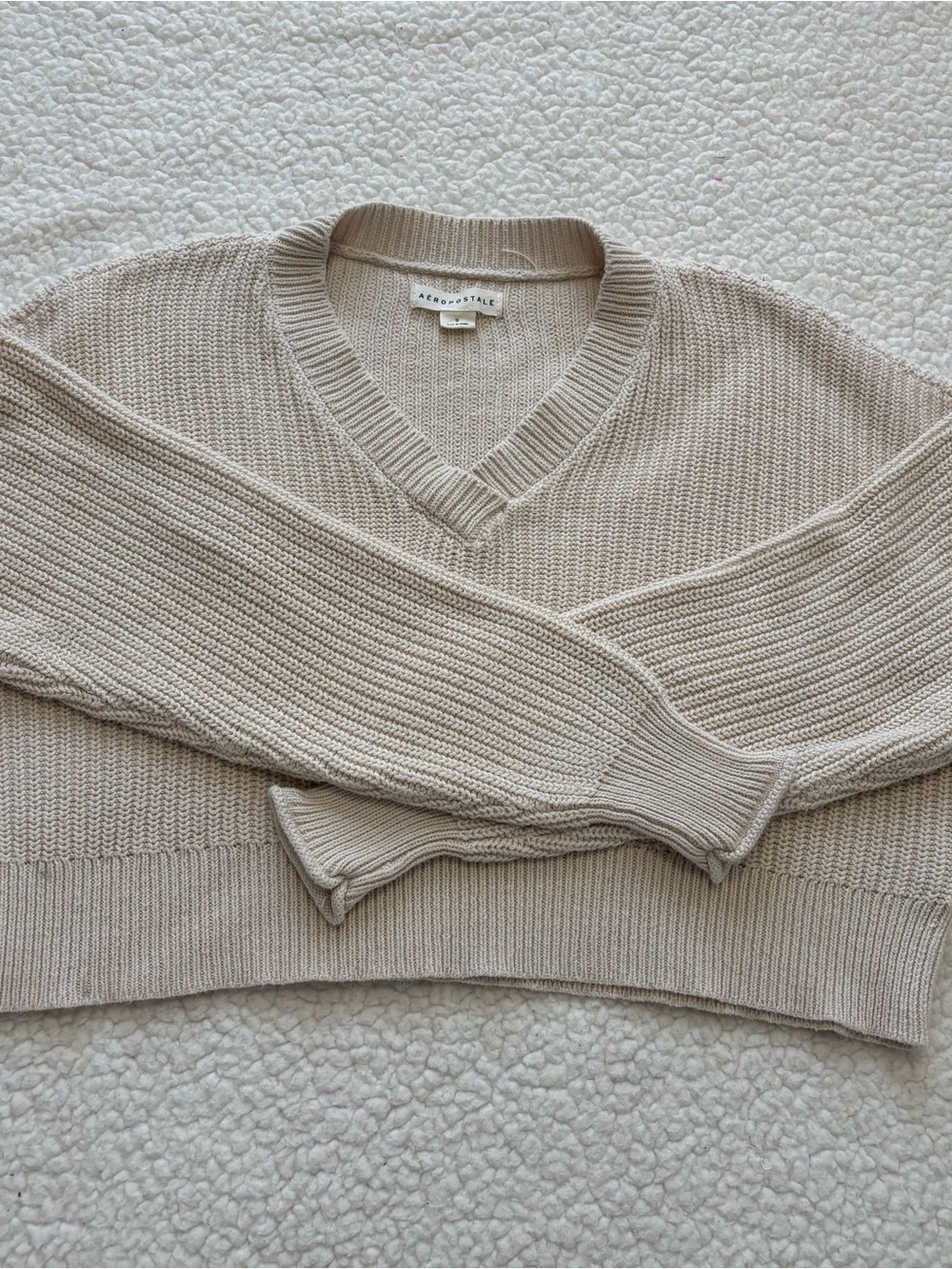 Aeropostale Cropped Ribbed Knit V-Neck Pullover Sweater Coastal Grandmother Fall
